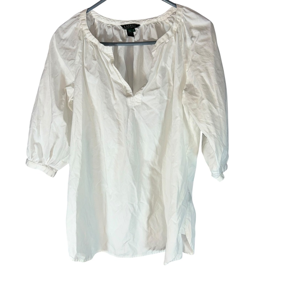 Lauren Ralph Lauren 1X White Cotton V Neck 3/4 Sleeve Peasant Top Blouse - Picture 2 of 9